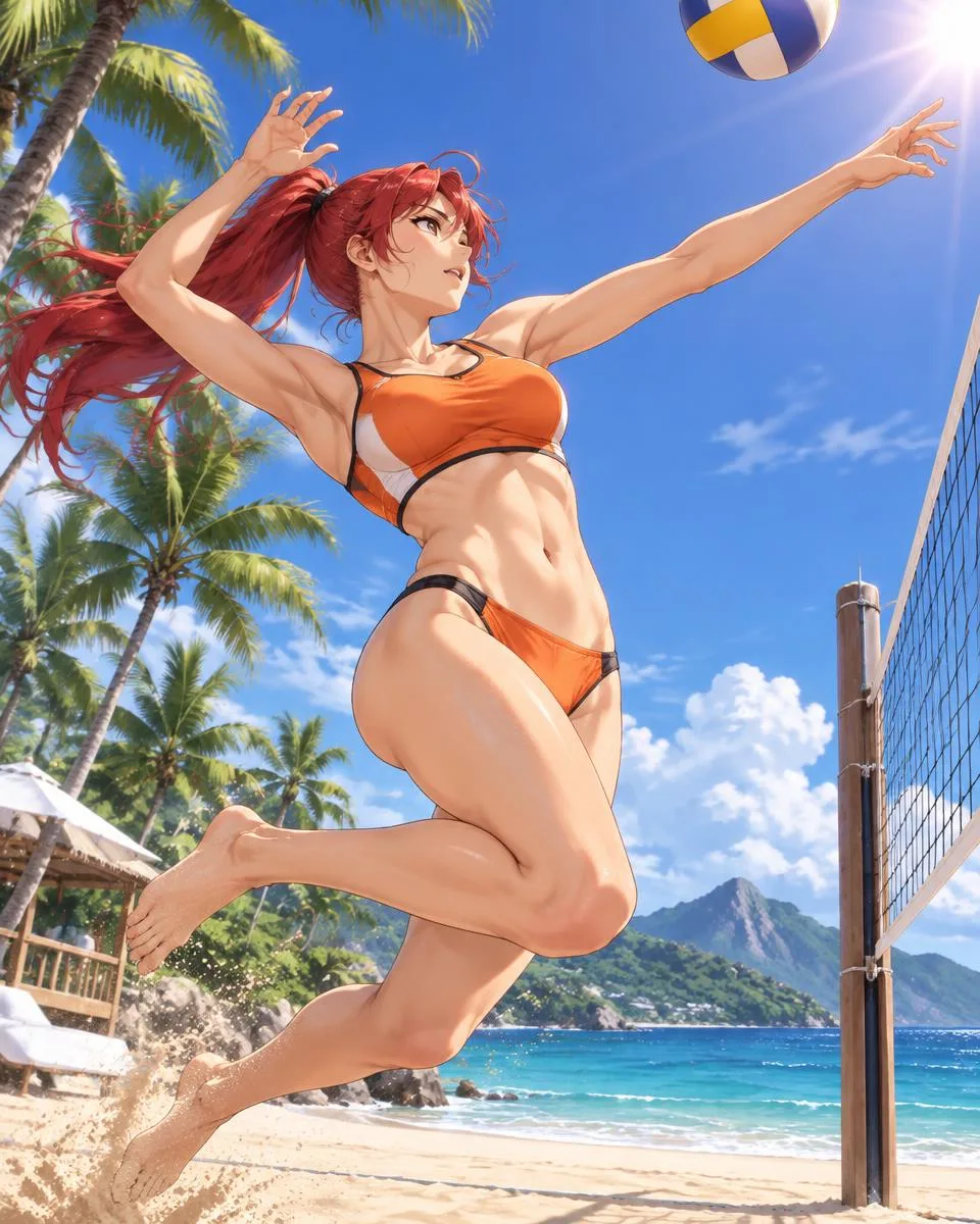 Oblanthe, an adult anime companion jumping high to spike a volleyball on the beach court
